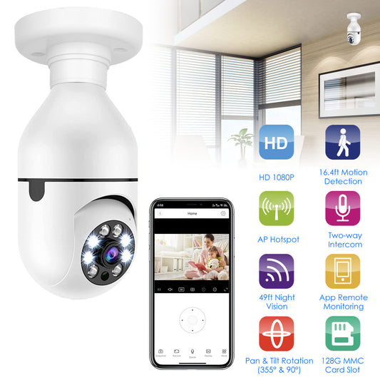 "E27 WiFi Bulb Camera 1080P FHD – Pan Tilt Security Camera with Two-Way Audio, Night Vision & Motion Detection"