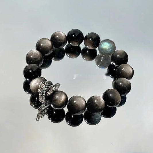 "Natural Silver Stone Bracelet with Vintage Obsidian & Neutral Crystal"