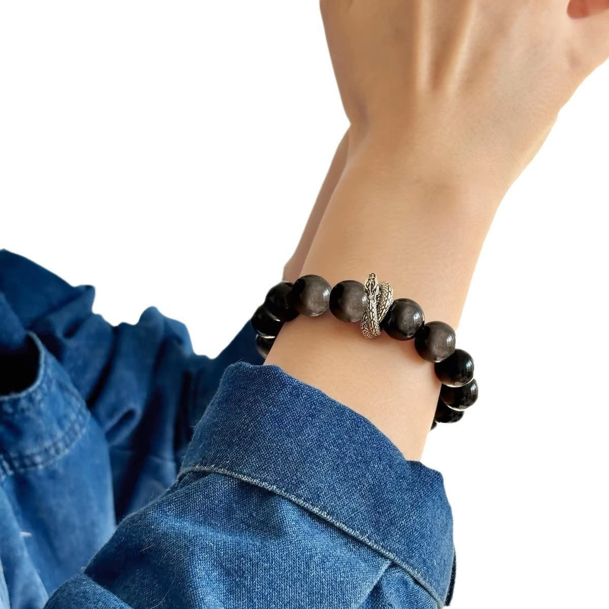 "Natural Silver Stone Bracelet with Vintage Obsidian & Neutral Crystal"