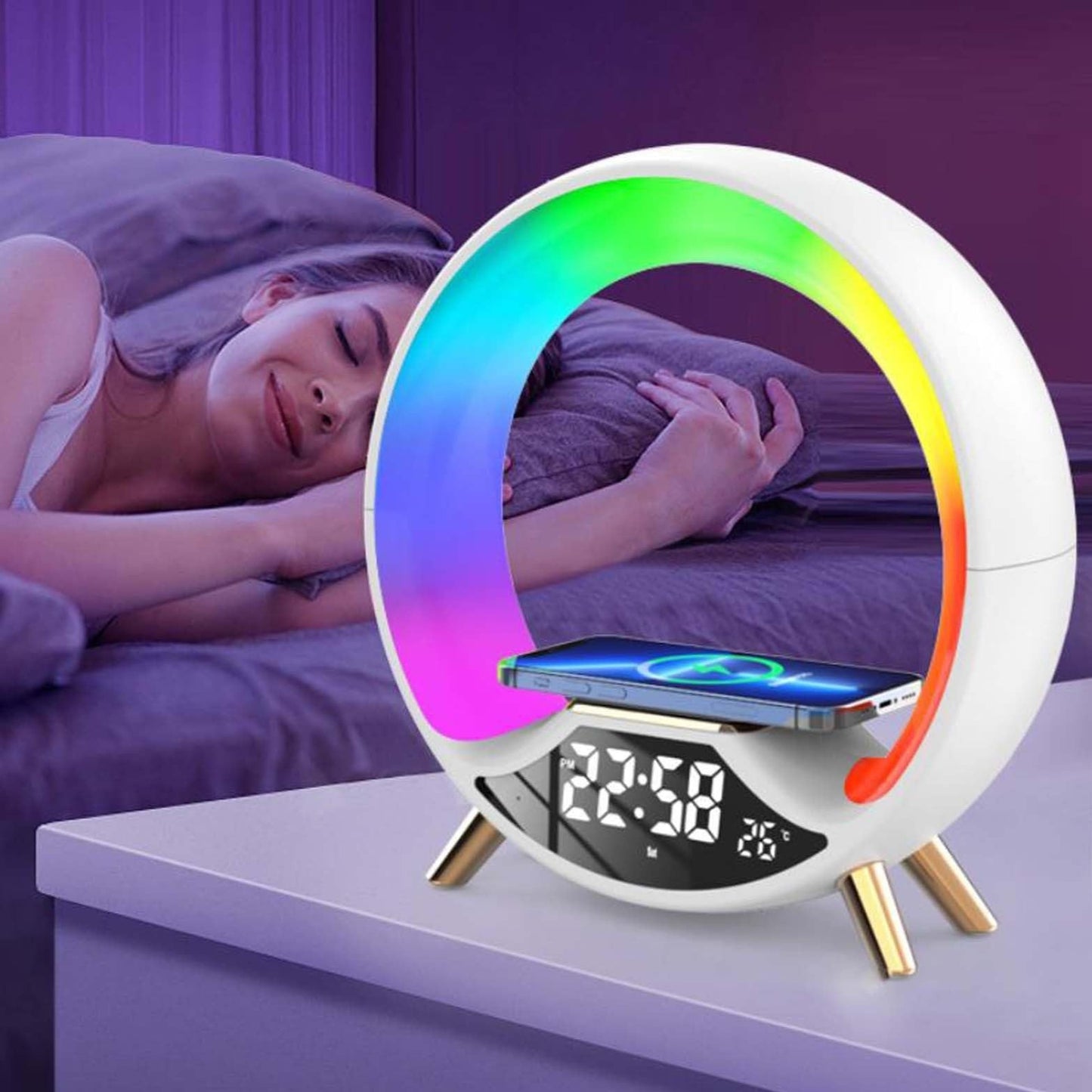 "O Light 3-in-1 Wireless Charging Station with Bluetooth Speaker & LED Night Light – Multifunctional Desk & Bedside Lamp"