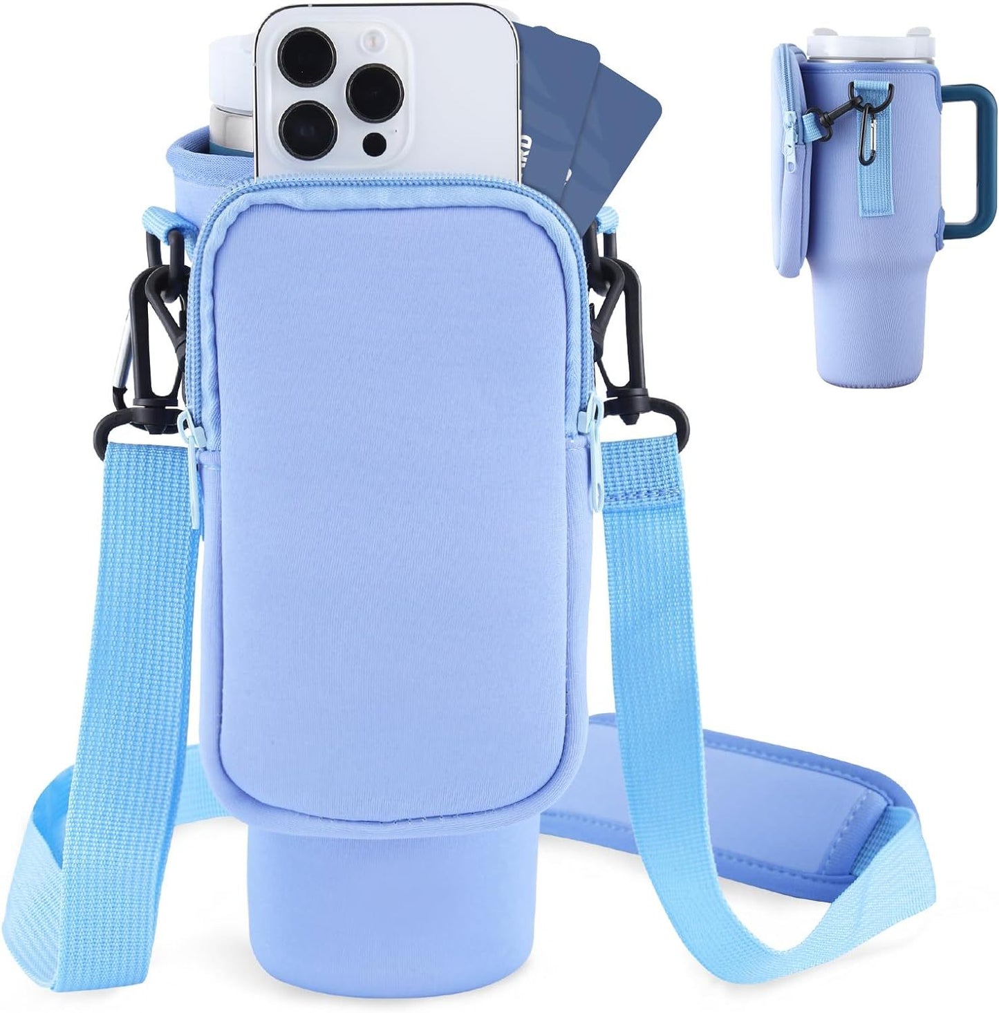 "Slok Water Bottle Carrier Bag – Adjustable Strap Holder Compatible with 40oz Tumbler for Outdoor Walking, Hiking & Sports (Blue Purple)"