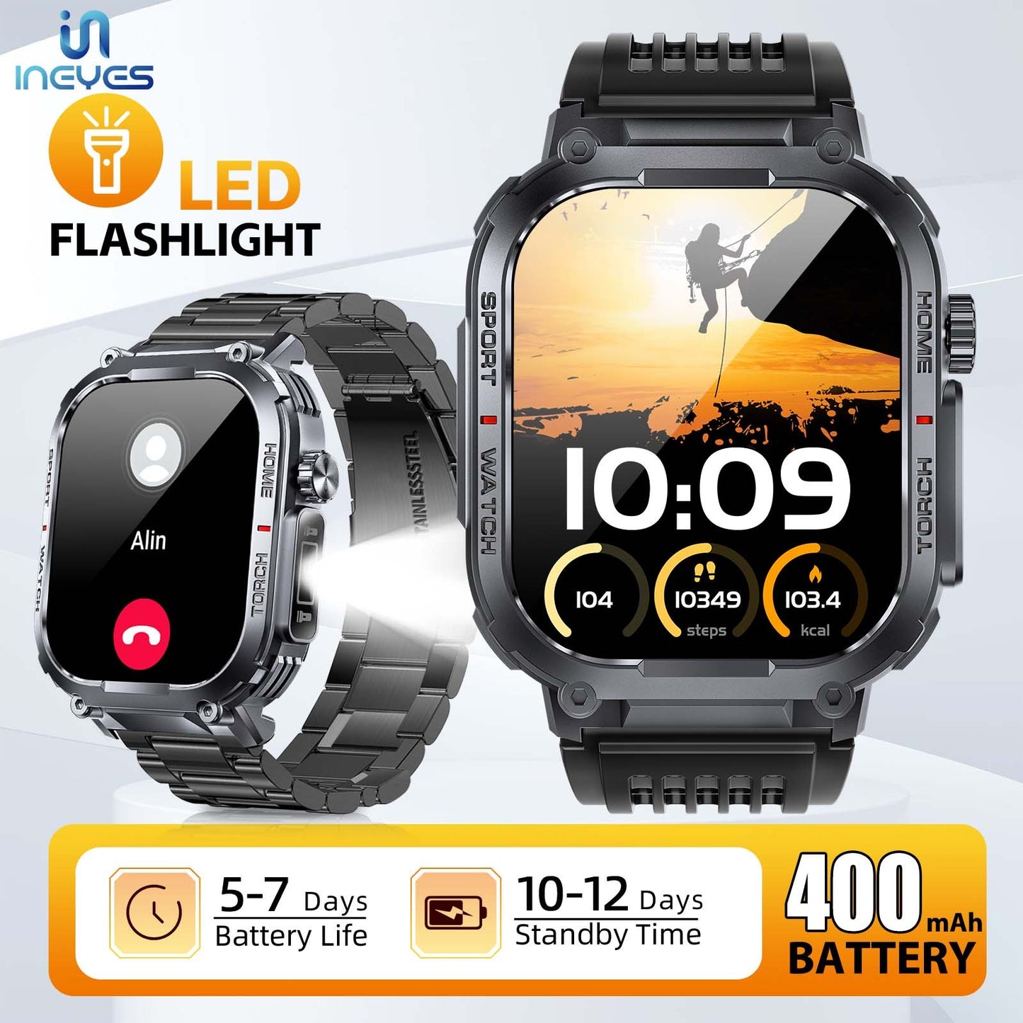 "INEYES S320B Smartwatch for Men & Women – Sport Modes, LED Flashlight, Wireless Call, 2.02-Inch HD Screen'