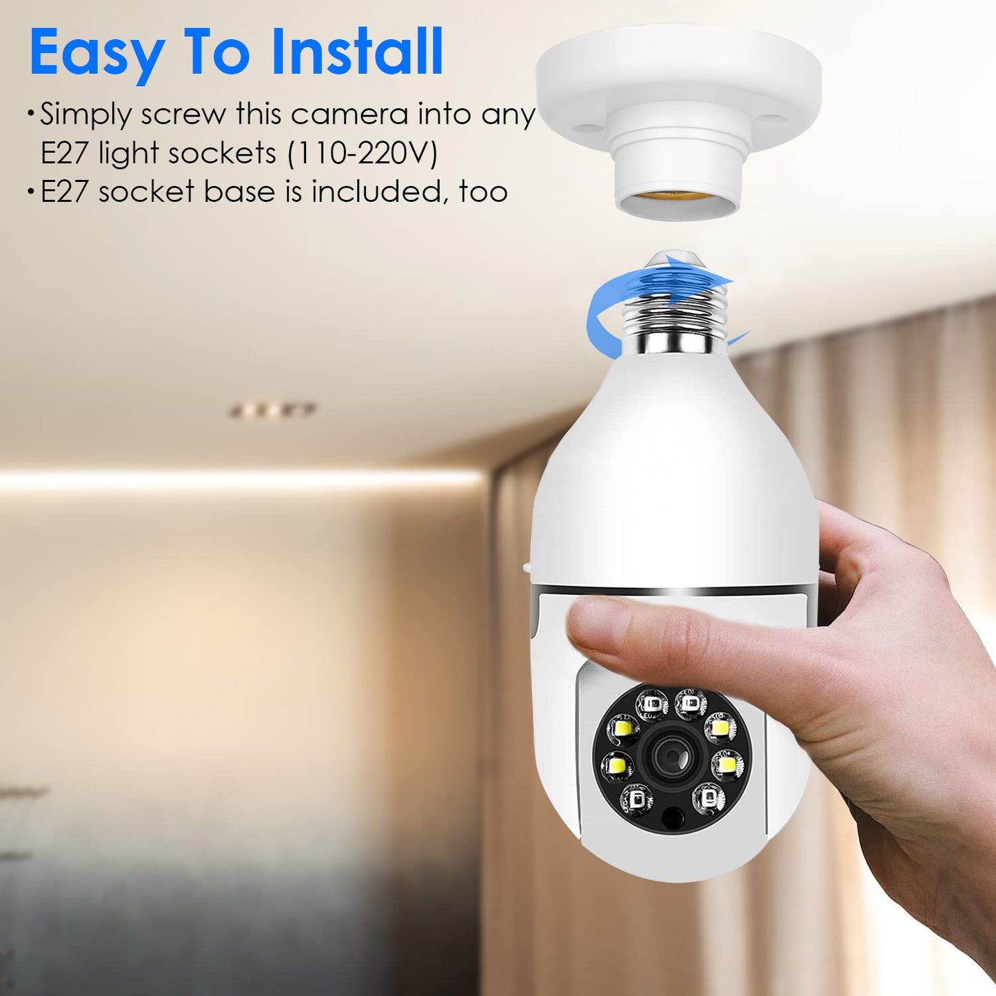 "E27 WiFi Bulb Camera 1080P FHD – Pan Tilt Security Camera with Two-Way Audio, Night Vision & Motion Detection"