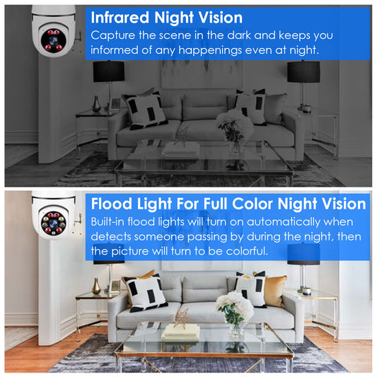 "E27 WiFi Bulb Camera 1080P FHD – Pan Tilt Security Camera with Two-Way Audio, Night Vision & Motion Detection"