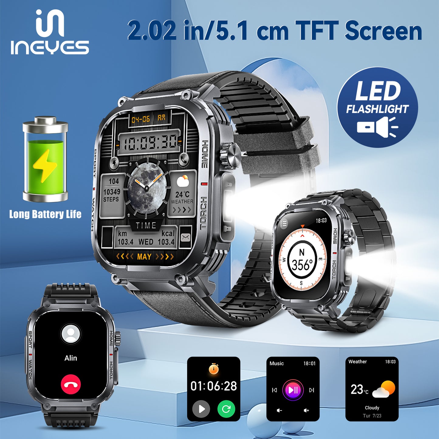 "INEYES S320B Smartwatch for Men & Women – Sport Modes, LED Flashlight, Wireless Call, 2.02-Inch HD Screen'